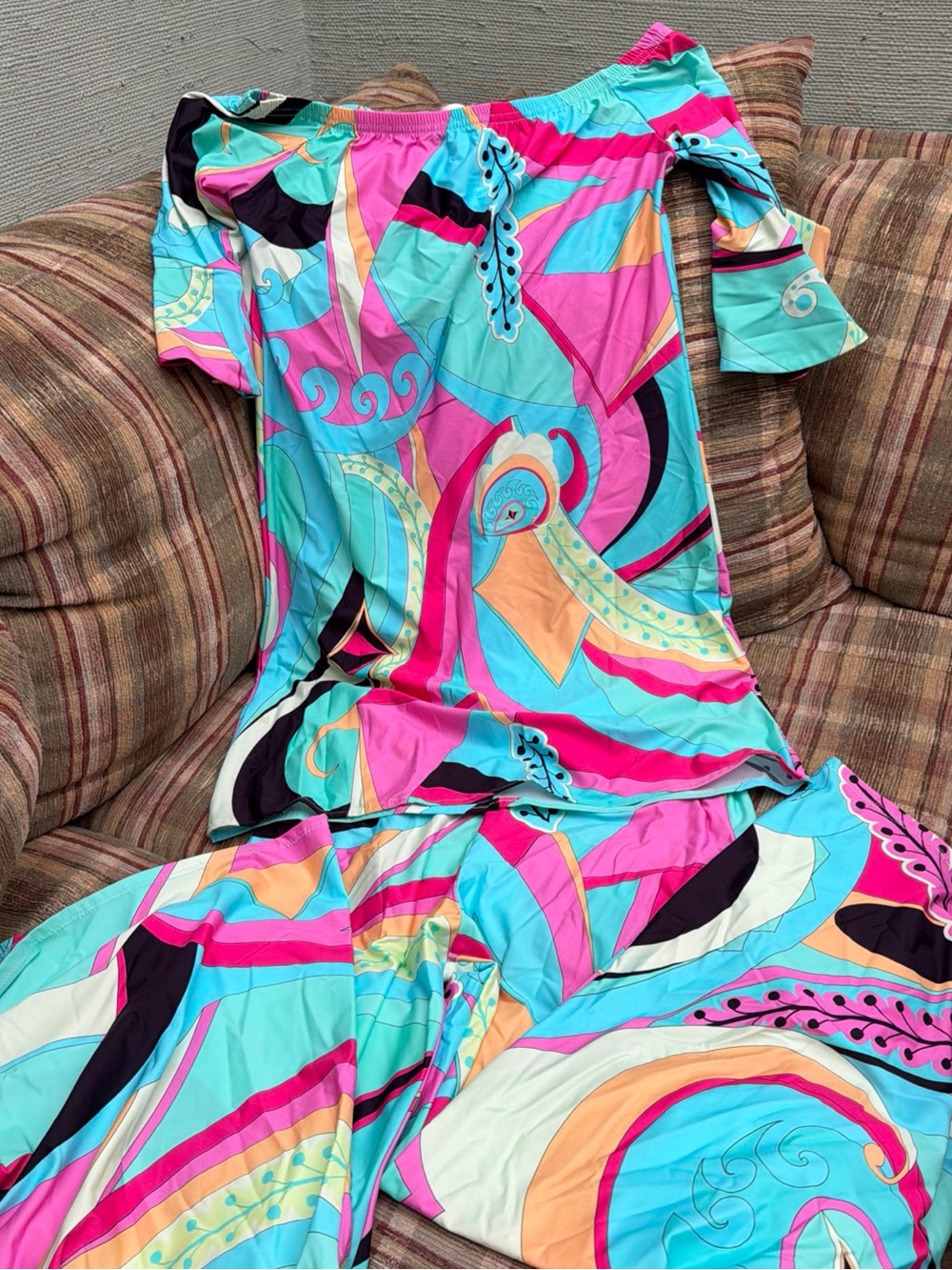 Bright Multi-Color Off-Shoulder Dress in Pink & Aqua